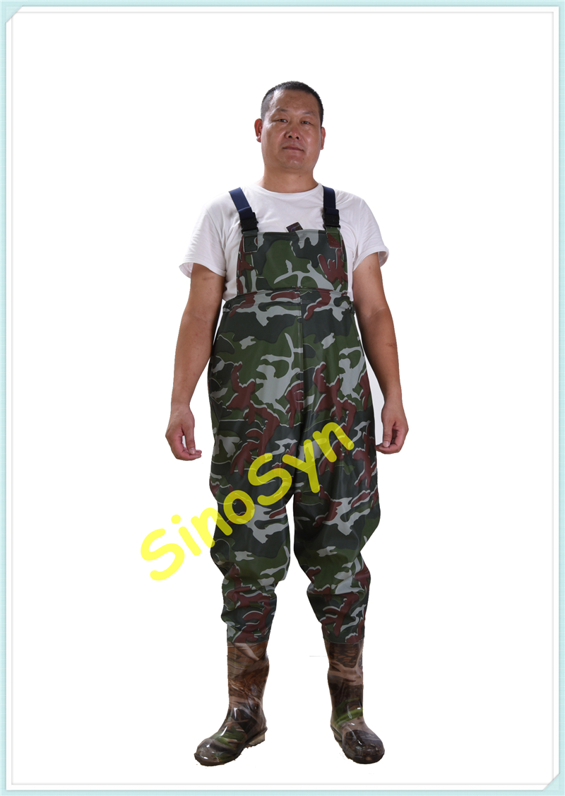 FQW1905 Safty Chest/ Waist Wader Protective Water Working Outdoor Fishing Wading 0.65MM Army-Camouflage PVC Pants with Rain Boots