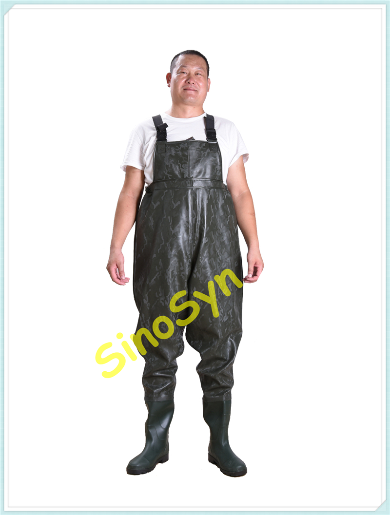 FQW1908 Safty Chest/ Waist Wader Protective Water Working Outdoor Fishing Wading 0.75MM Dark-Green Embossed PVC Pants with Rain Boots