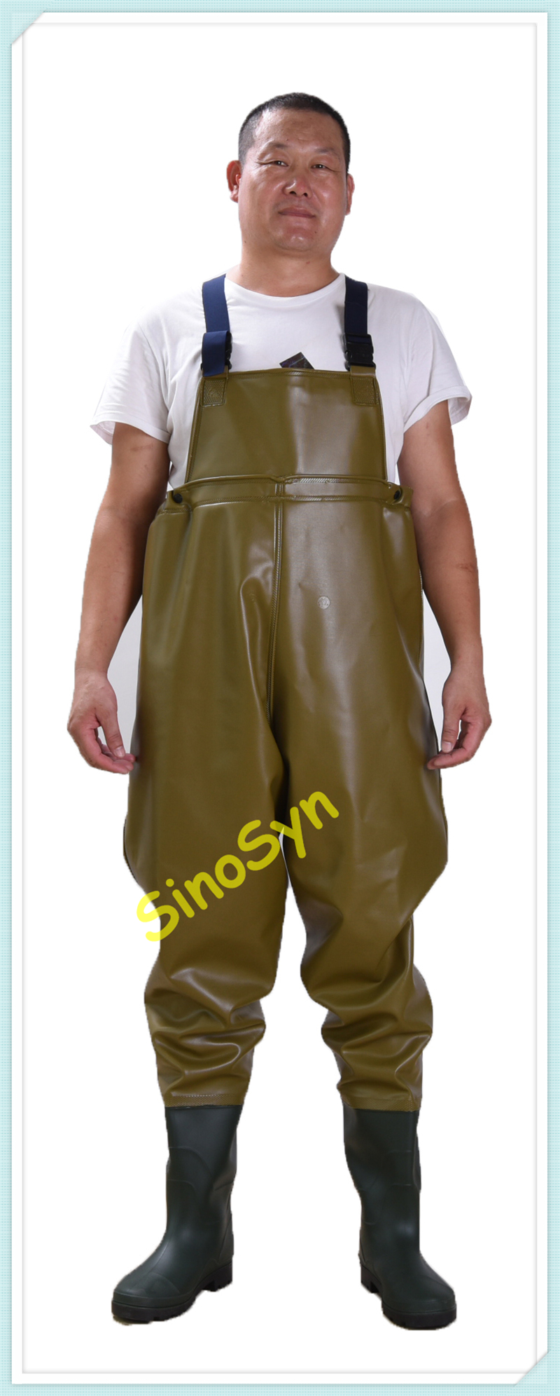 FQW1910 Safty Chest/ Waist Wader Protective Water Working Outdoor Fishing Wading 0.85MM Khaki Double-PVC Pants with Rain Boots