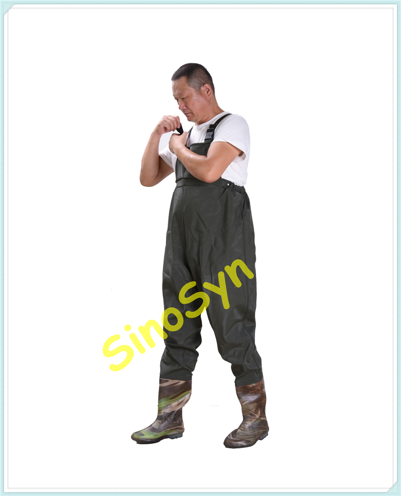 FQW1902 Water Working Outdoor Fishing Safty Chest/ Waist Wading Pinched Pinched 0.65MM Army-Green PVC Pants with Rain Boots