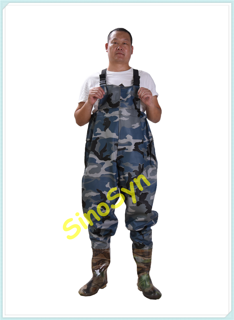 FQW1906 Water Working Outdoor Fishing Safty Chest/ Waist Wading 0.65MM Navy-Camouflage PVC Pants with Rain Boots 
