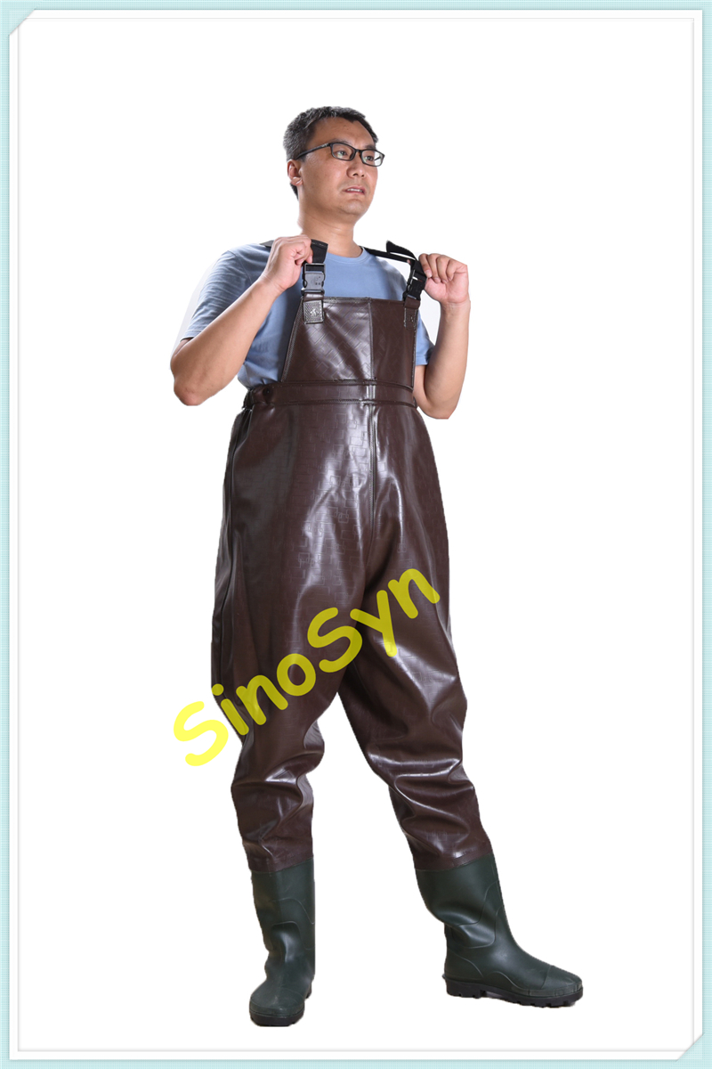 FQW1909 Safty Chest/ Waist Wader Protective Water Working Outdoor Fishing Wading 0.80MM Brown PVC Pants with Rain Boots